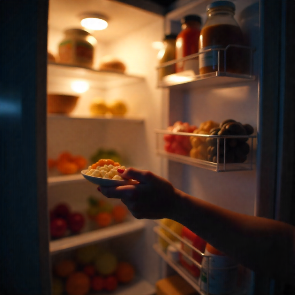 Hand greift nachts in einen geöffneten Kühlschrank – Symbol für Heißhunger und nächtliches Essen.