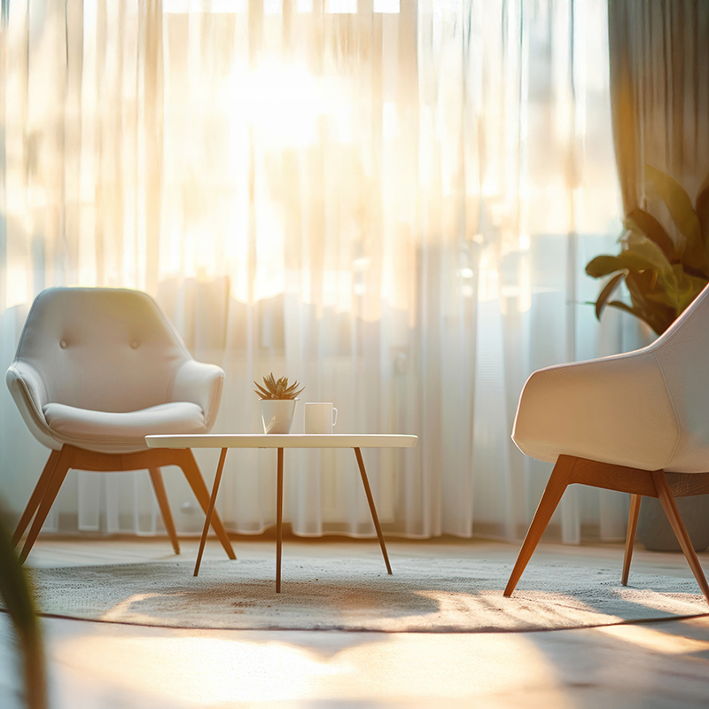Heller Praxisraum mit zwei Sesseln und Tisch – systemische Therapie bei Nicole Noack.